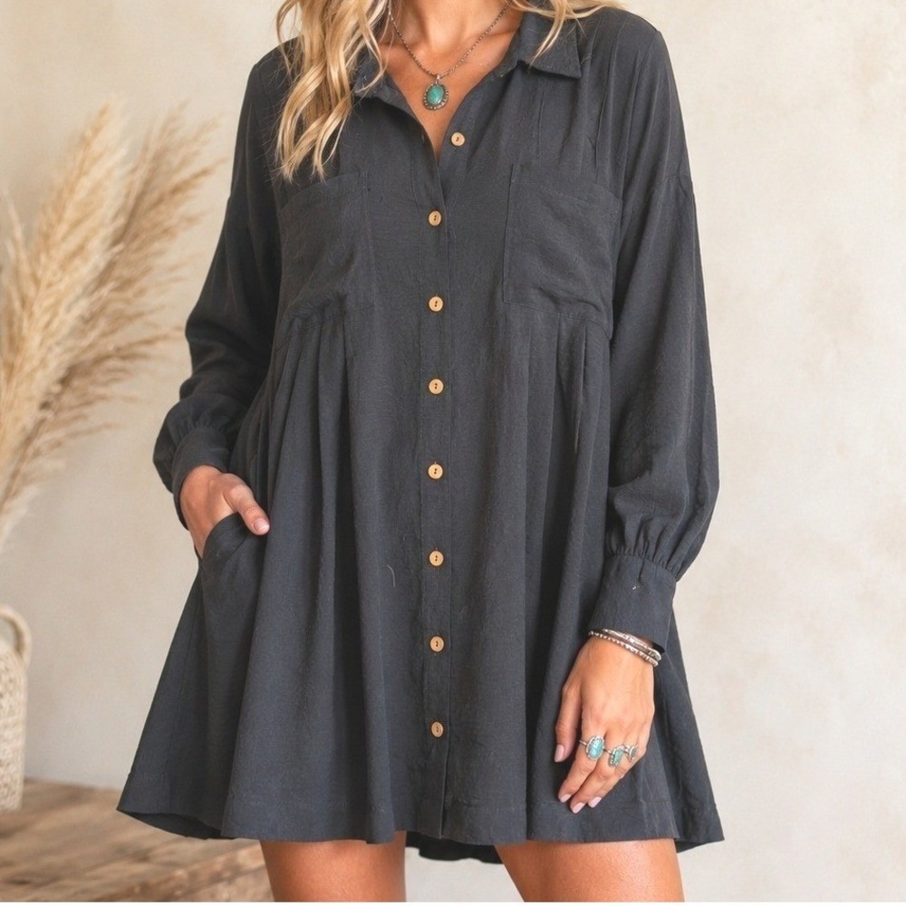 BTFBM Women's Black Button Front Long Sleeve Tunic Shirt Dress Boho Medium